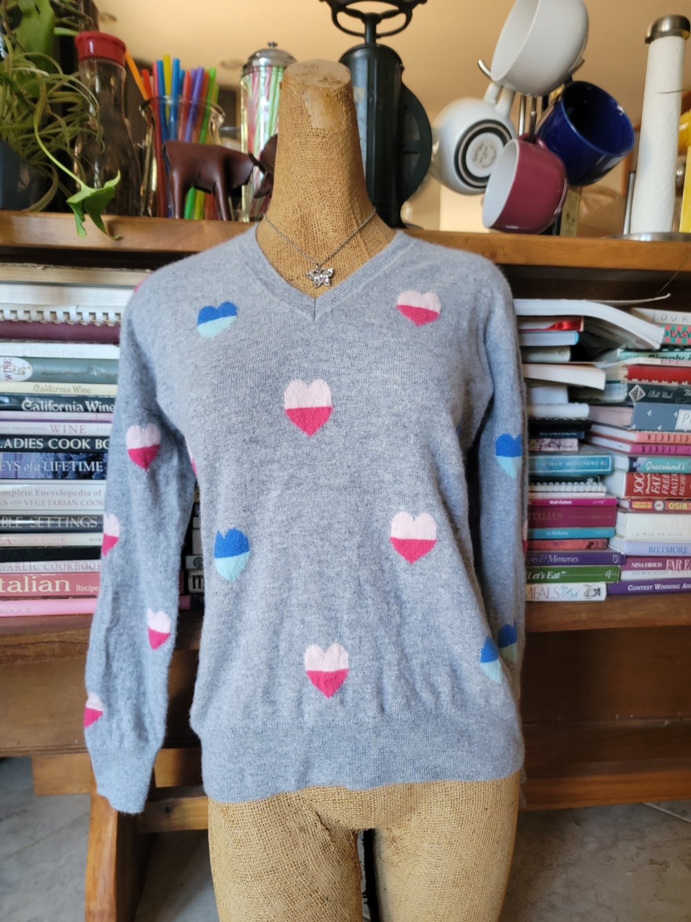 Cynthia Rowley Gray V-Neck Sweater with Pink & Blue Heart Motifs